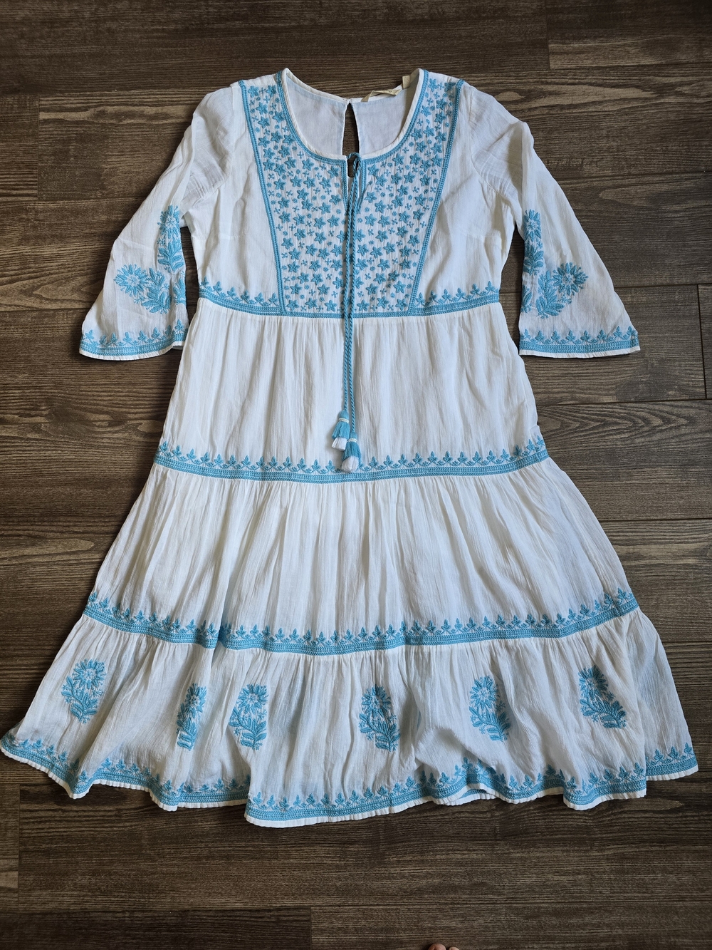 Soft Surroundings Dress Womens M White Blue Embroidered Tiered Cotton Gauze Boho